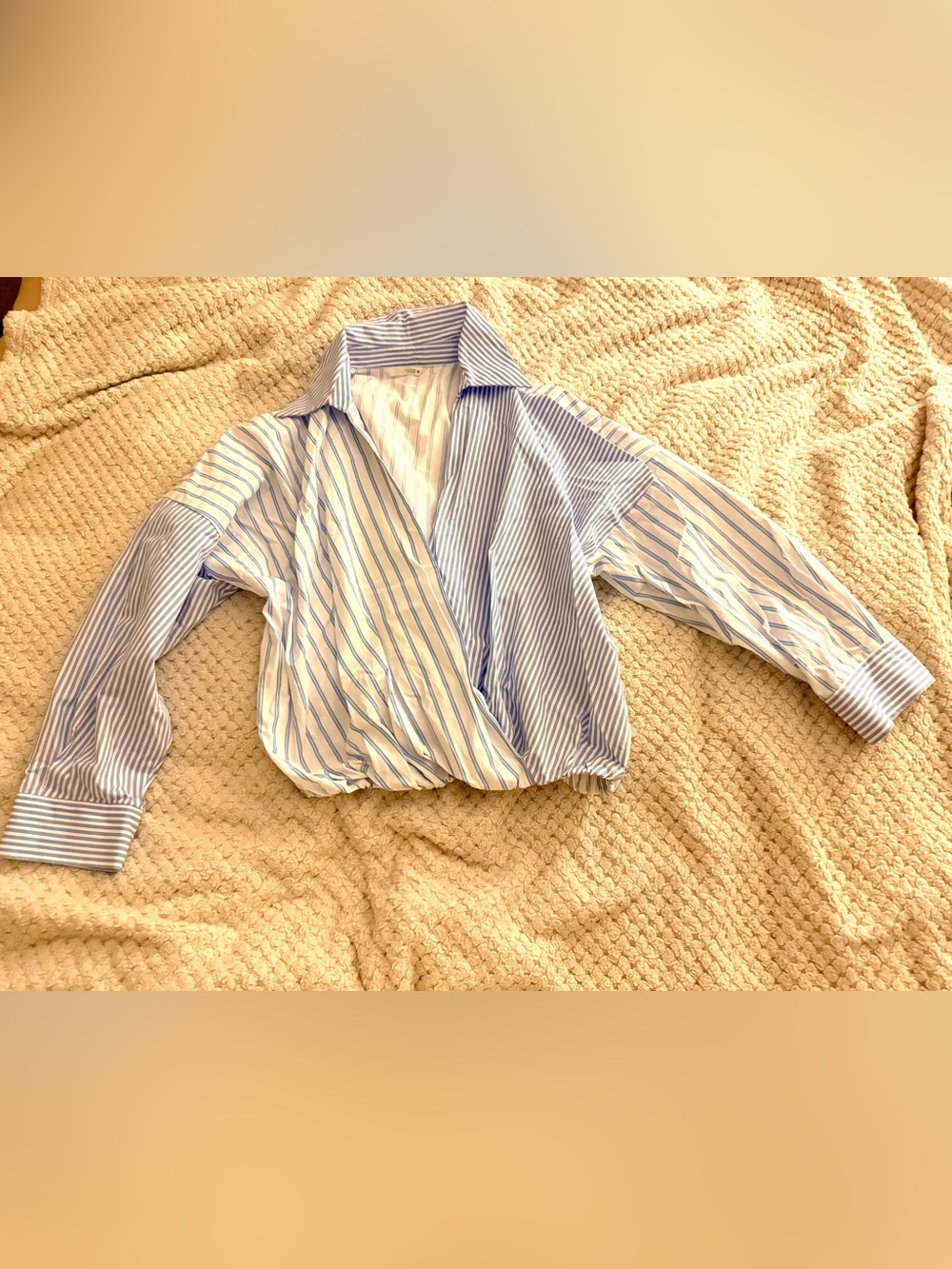 Zara Blue & White Mixed-Stripe Wrap Button-Up Shirt